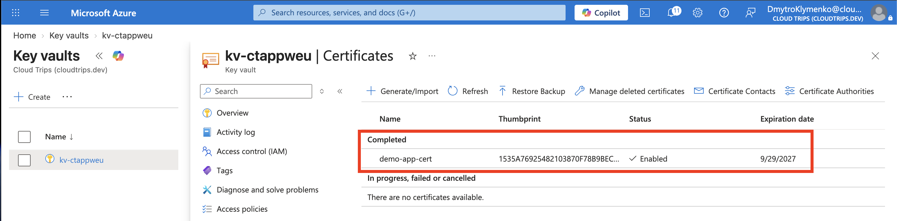 Key Vault certificate demo-app-cert showing subject, enabled status, thumbprint, and expiration