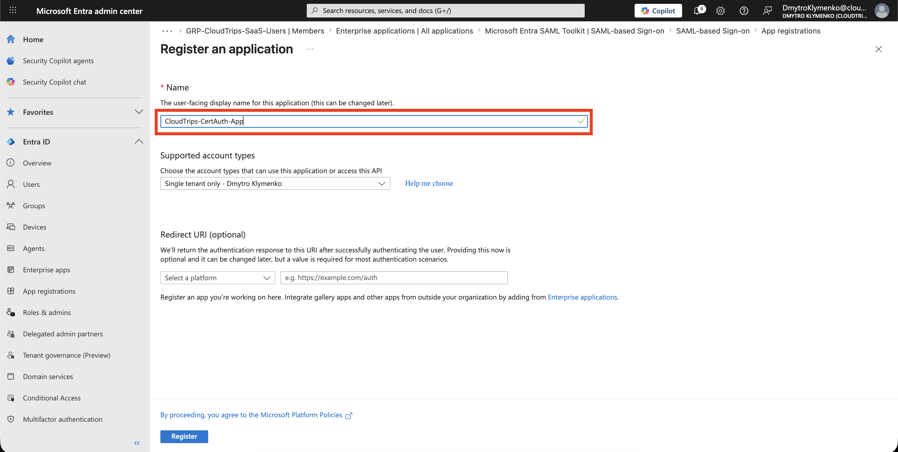 Microsoft Entra App registrations Seite mit CloudTrips Zertifikat-Authentifizierungs-App