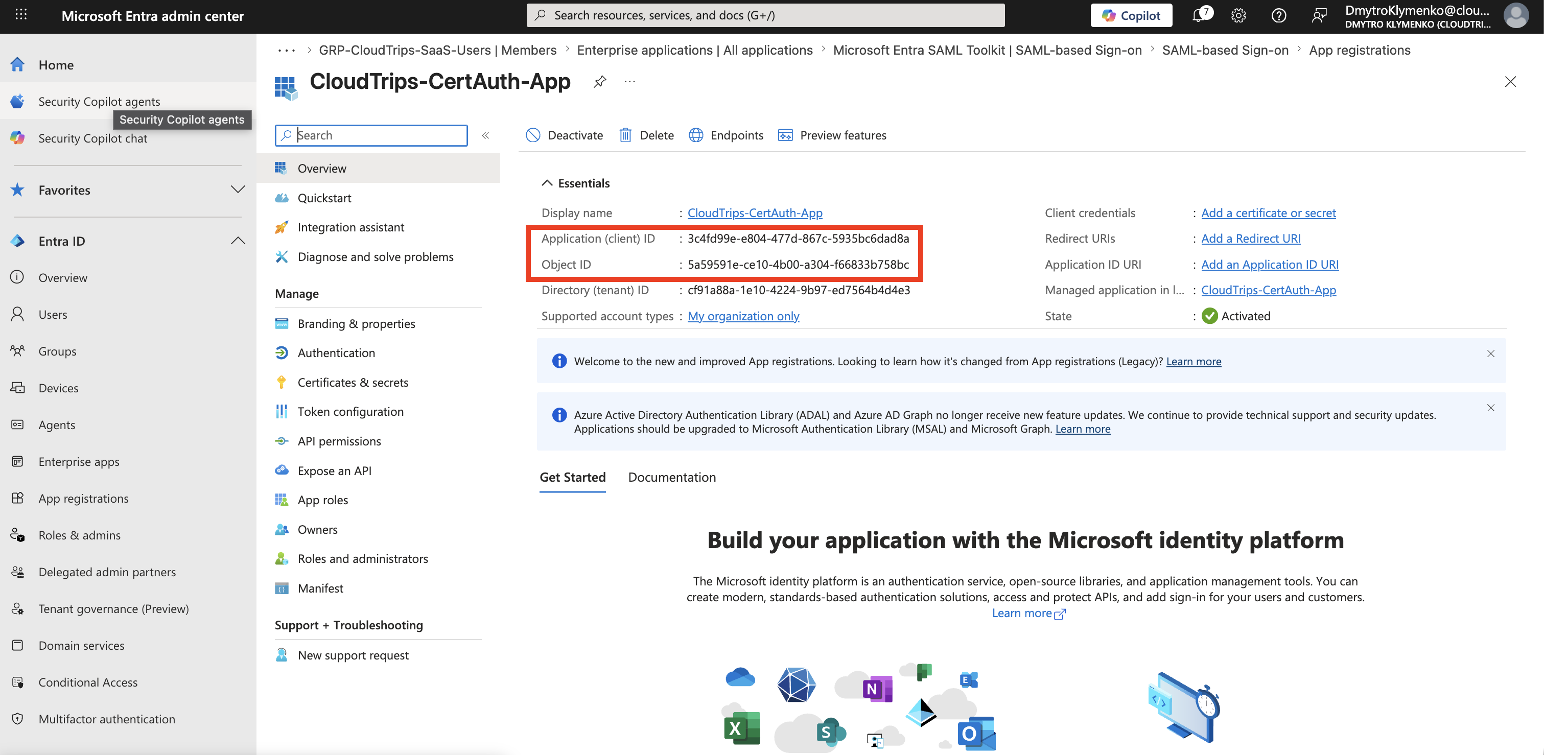 CloudTrips Zertifikat-App Overview mit Application client ID und Directory tenant ID