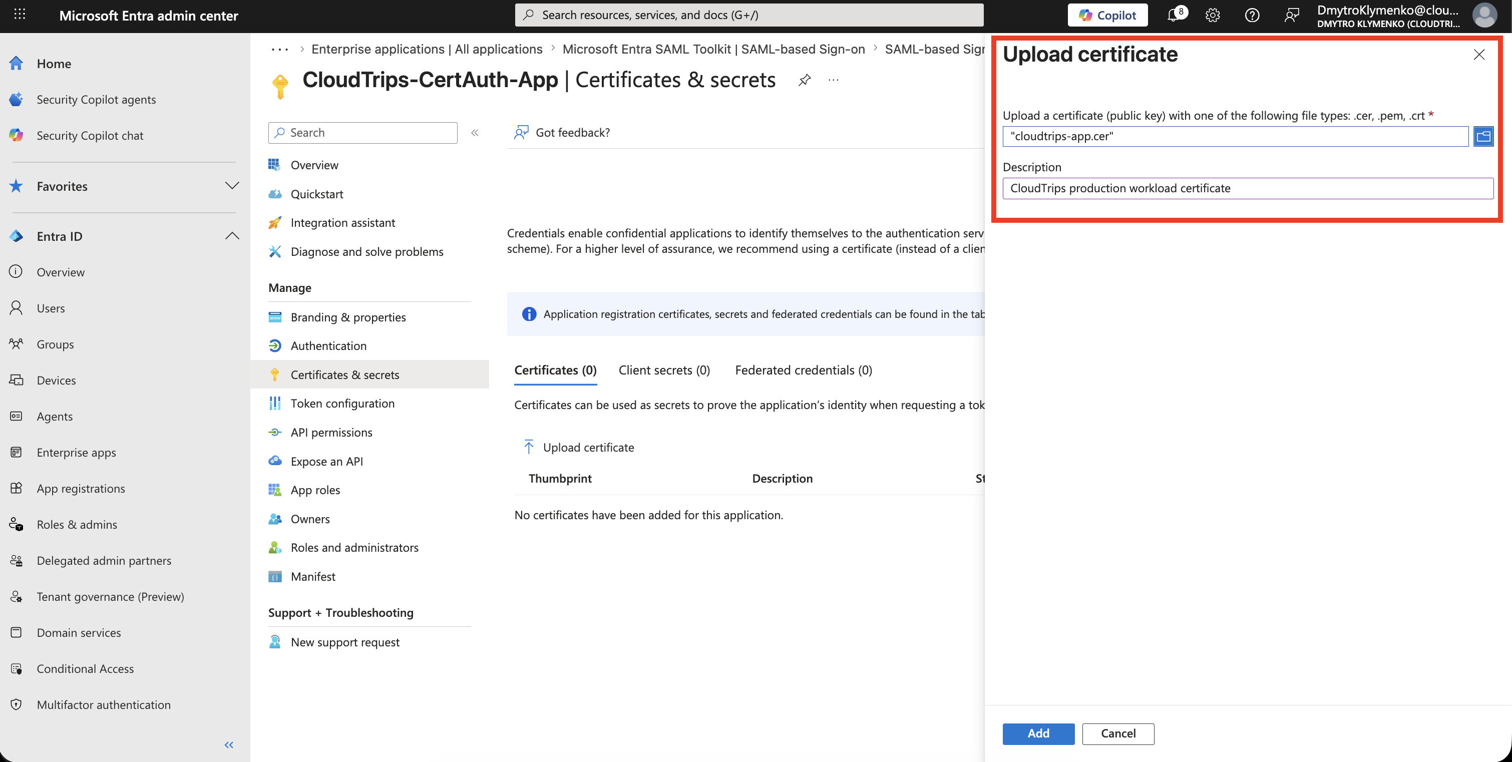 App Registration Certificates and secrets Seite mit Certificates Tab und Upload certificate Aktion