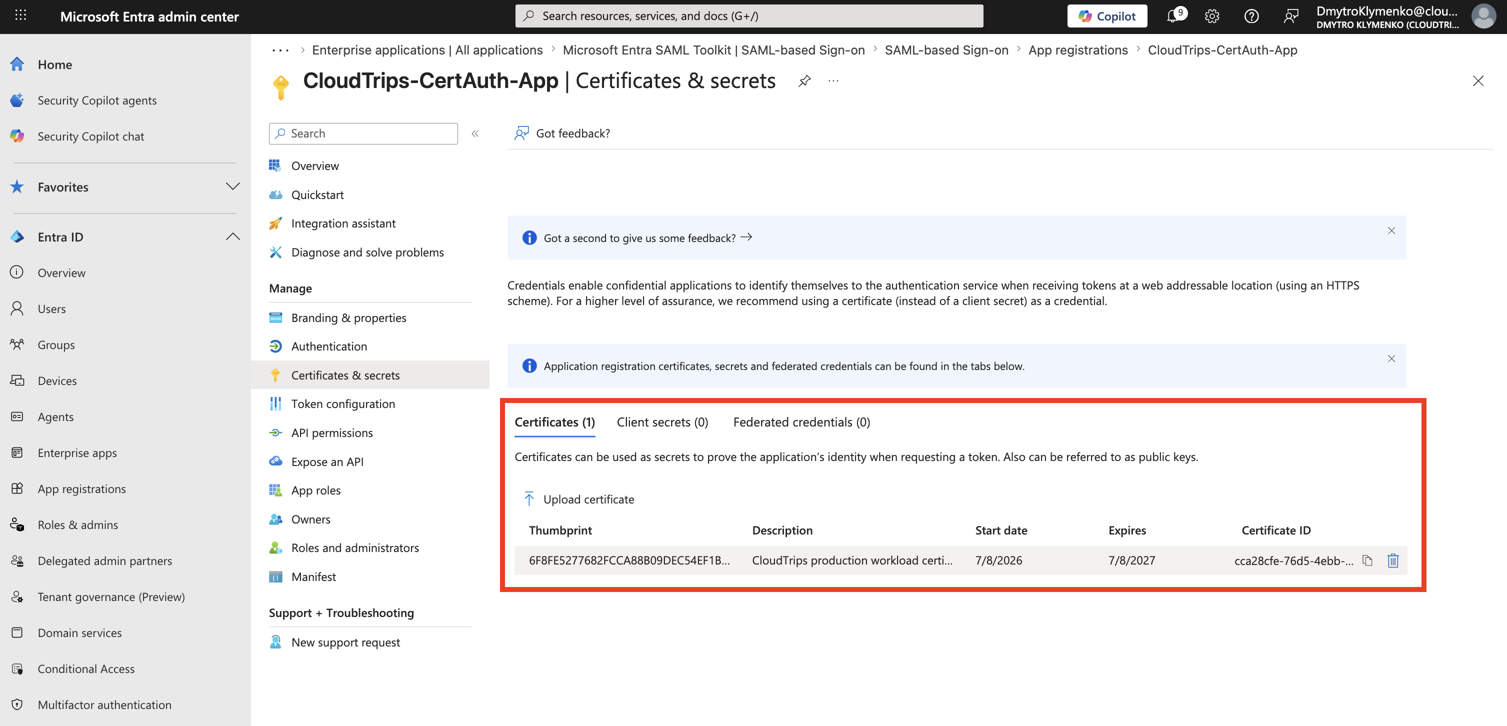 Upload certificate Blade mit ausgewaehlter oeffentlicher Zertifikatsdatei und Beschreibung