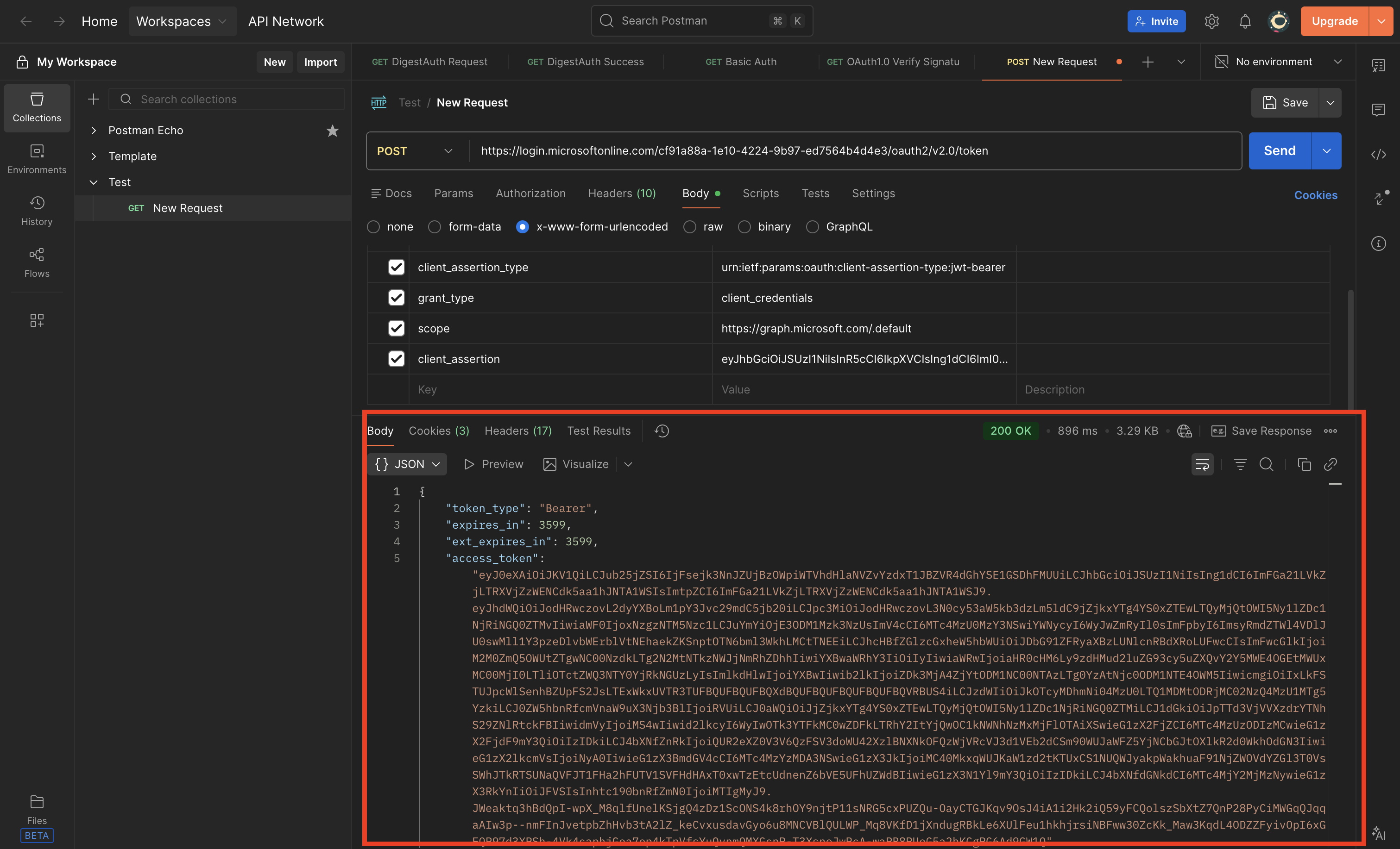 Postman Token Request mit Tenant ID, Client ID, Client Assertion und ohne Client Secret