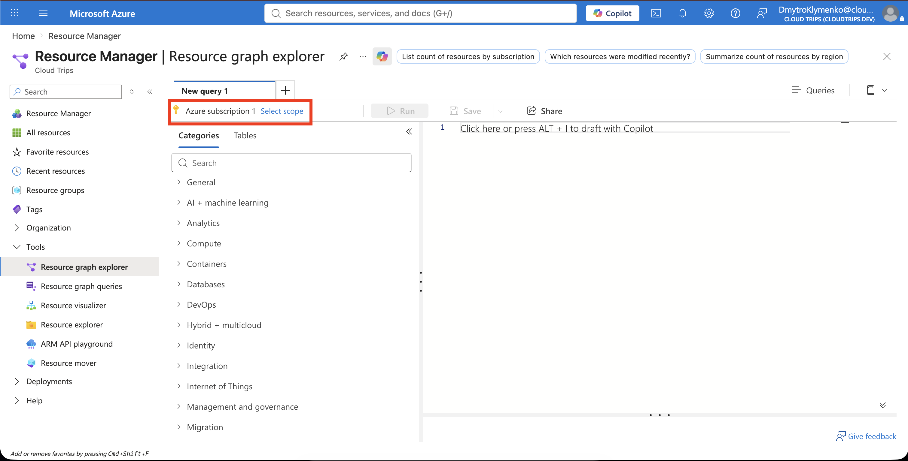 Azure Resource Graph Explorer mit ausgewähltem aktuellem Verzeichnis und zugänglichen Abonnements