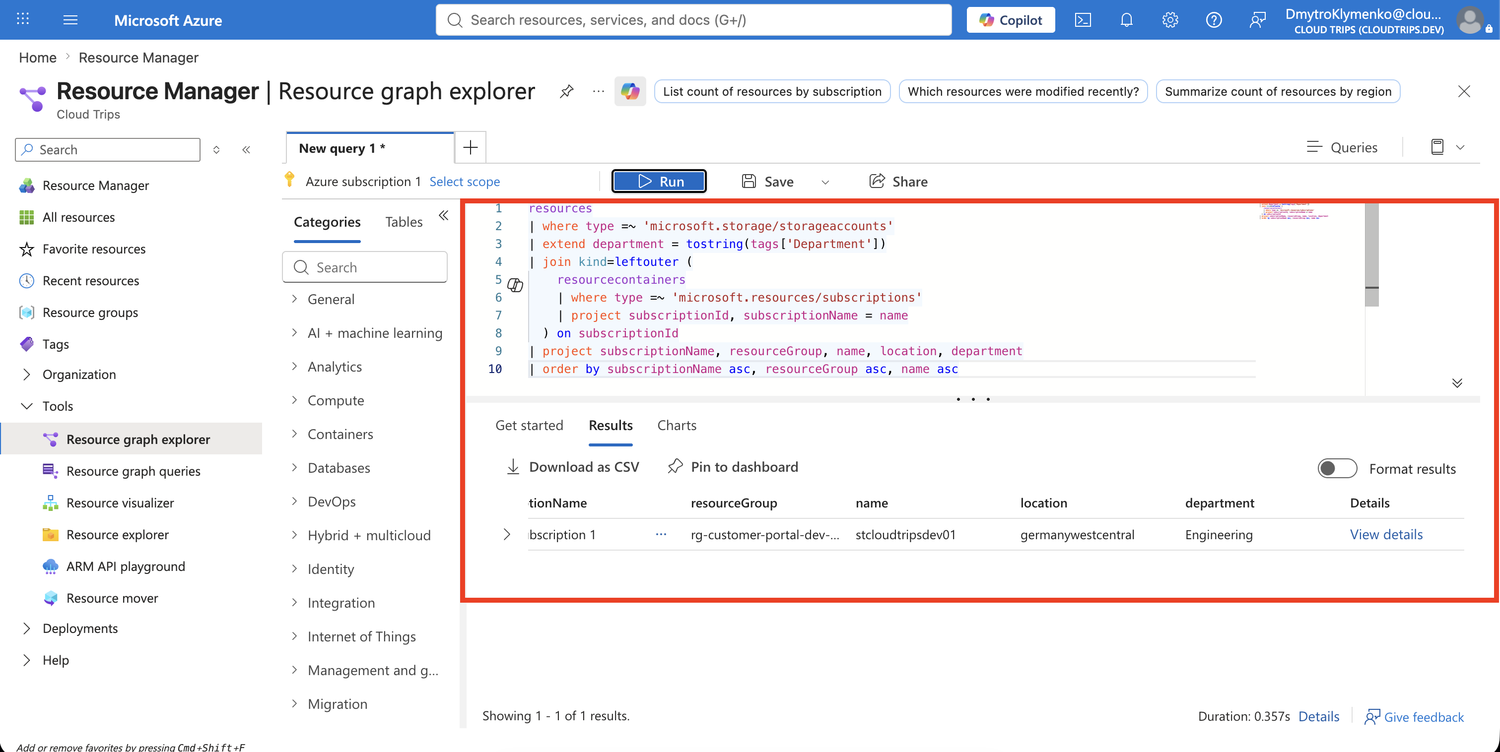Abonnementübergreifende Resource-Graph-Abfrage mit CloudTrips-Speicherkonten und Department-Tags