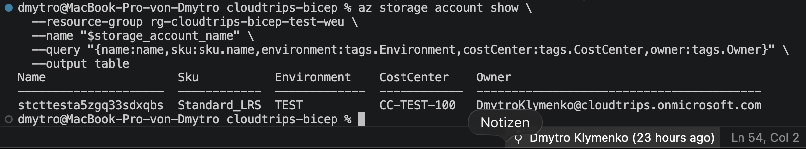CloudTrips TEST storage account showing values supplied by the TEST Bicep parameter file