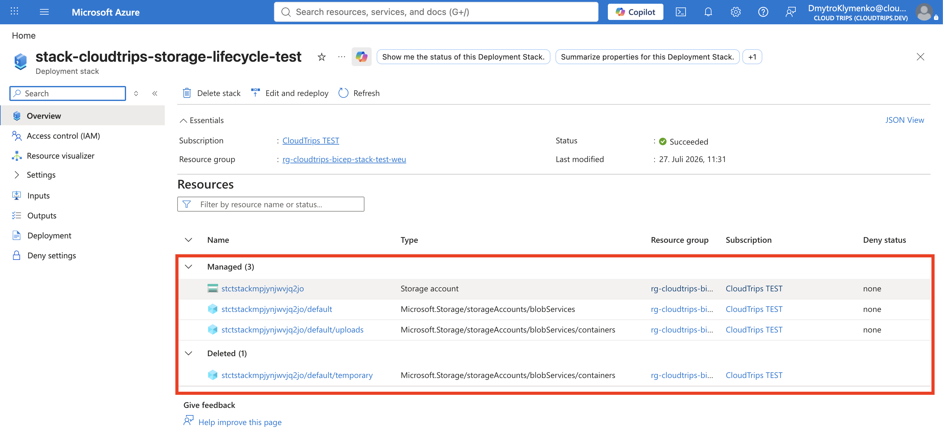 Aktualisierter CloudTrips Deployment Stack mit gelöschtem temporären Container und weiterhin verwaltetem uploads-Container