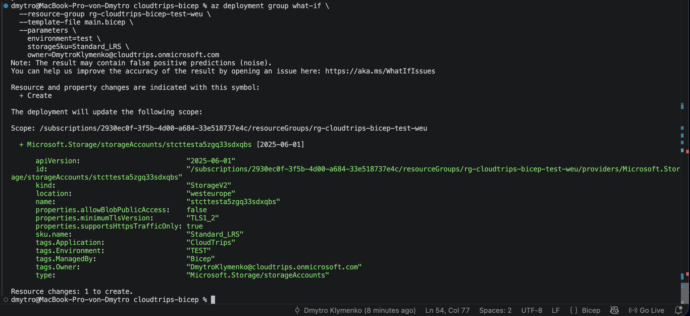 What-if-Vorschau des wiederverwendeten Bicep-Templates mit dem CloudTrips-TEST-Speicherkonto als neue Ressource