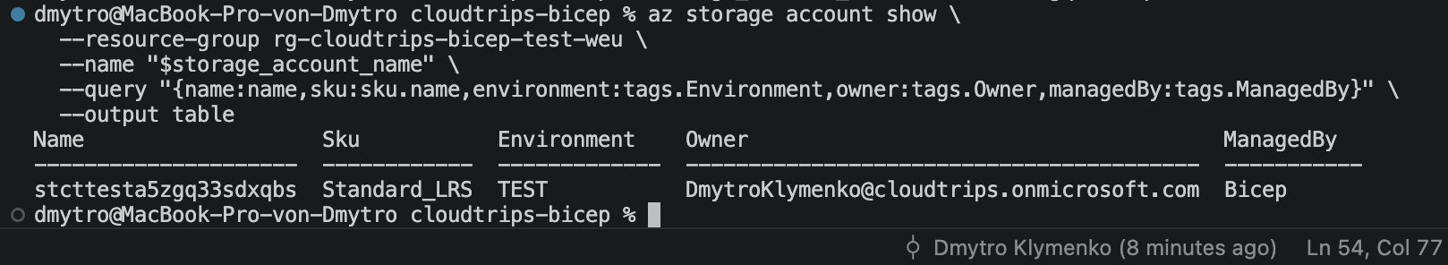 CloudTrips-TEST-Speicherkonto aus dem wiederverwendbaren Template mit erwarteter SKU und erwarteten Tags