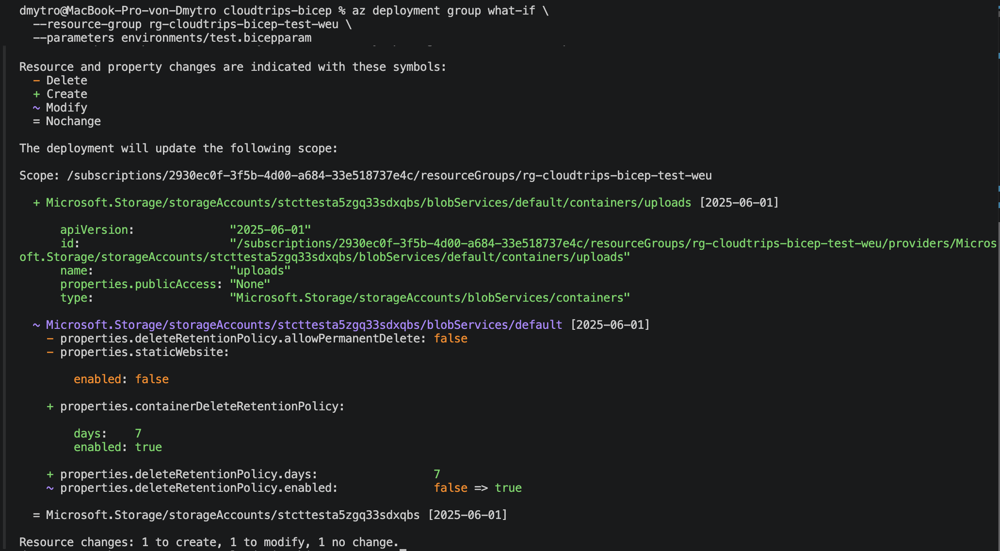 What-if result showing the Blob service and private uploads container connected to the TEST storage account