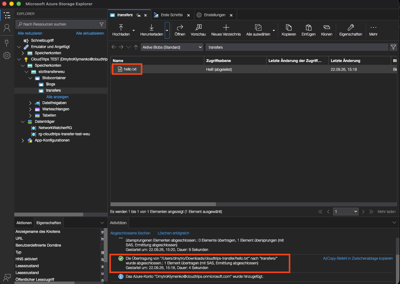 Storage Explorer showing hello.txt in the transfers container and a completed upload activity