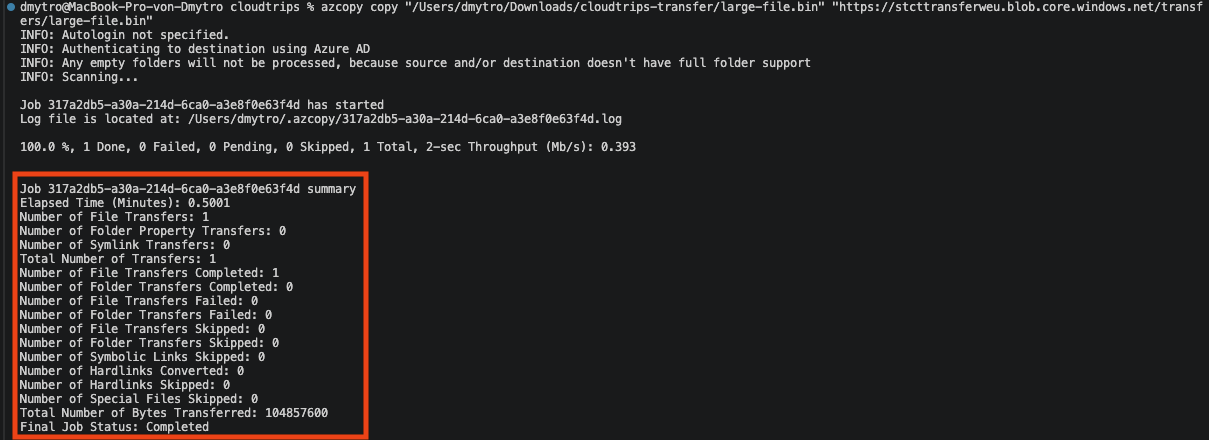 AzCopy upload summary showing the job ID, completed and failed transfer counts, transferred bytes, and final job status