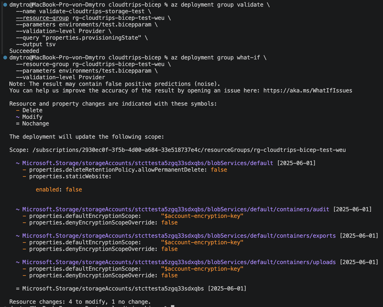 Erfolgreiche Azure-Preflight-Validierung und geprüftes What-if-Ergebnis für CloudTrips TEST