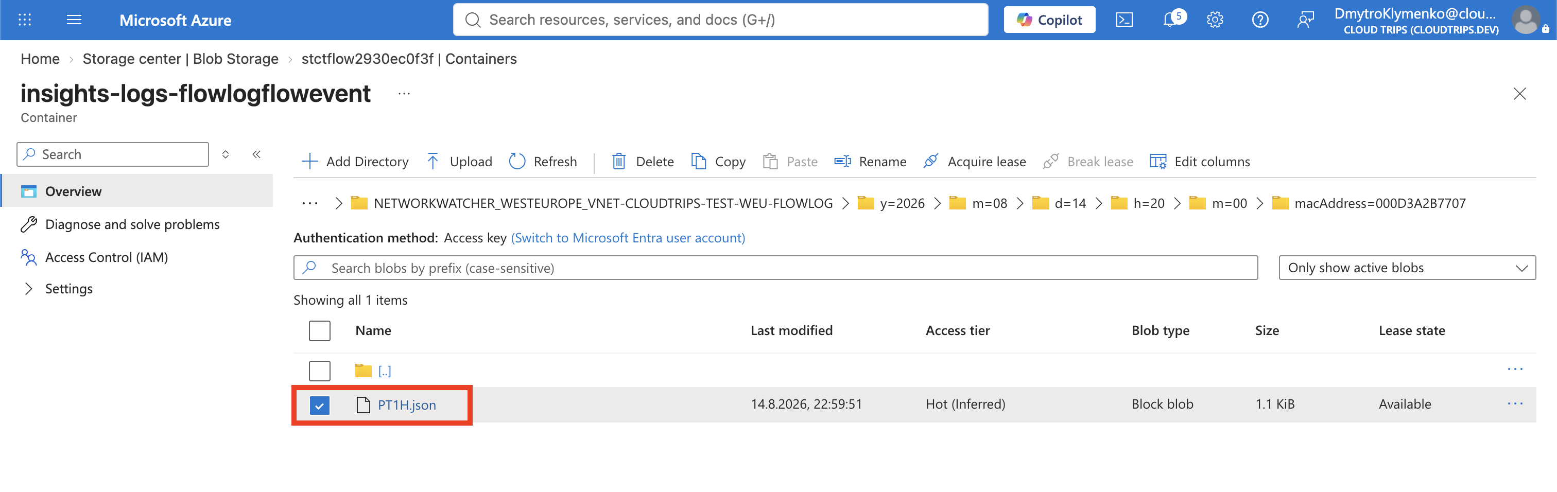 PT1H.json des Virtual Network Flow Logs im flowlogflowevent-Container